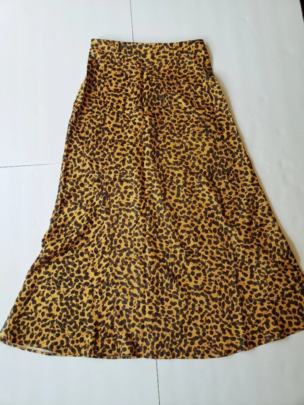 & Other Stories Leopard Cheetah Print Satin Bias Cut A-Line Midi Skirt